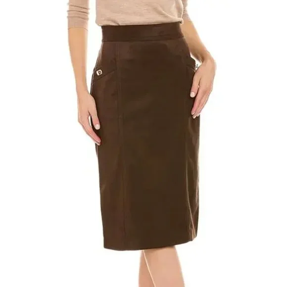 J.MCLAUGHLIN Rowena Skirt Brown, Pencil Midi In Mocha With Faux Suede Design - Picture 1 of 9